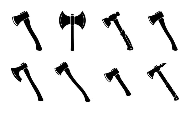 Black axe silhouette set, 8 woodcutting tool icons, medieval hatchet and tomahawk vector pack