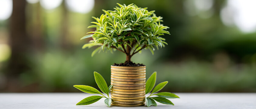 Small green tree growing on top stack of gold coins against blurred green nature background financial investment growth wealth business saving concept