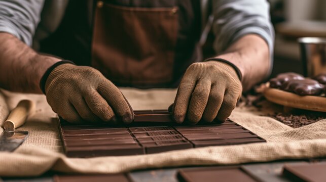 Confectioner prepares a large chocolate bar by hand.