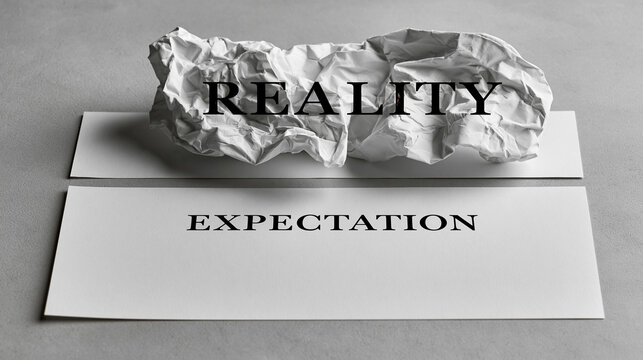 Reality vs. Expectation: A crumpled piece of paper bearing the word REALITY sits atop a flat sheet with the word EXPECTATION.