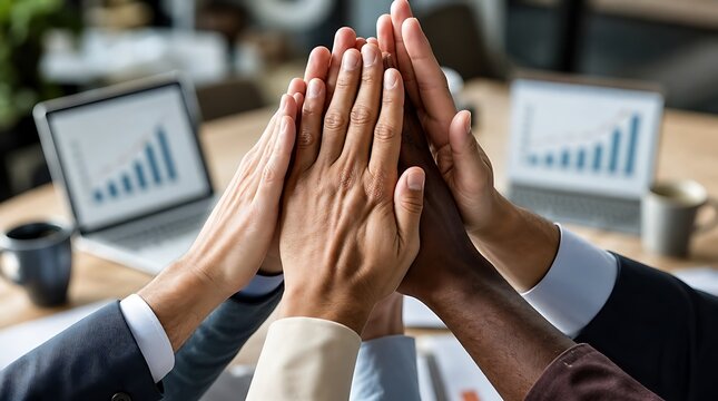 Business team joining hands together in a high-five gesture above a wooden desk for corporate teamwork concept.