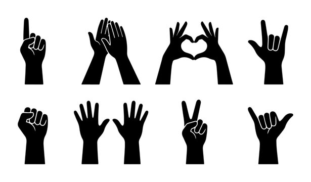 Black hand gesture silhouettes set, human hand signs collection, vector arm and finger icons