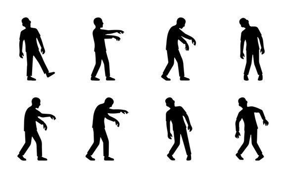 Zombie silhouettes set, walking undead character icons, 8 spooky horror vector figures for design