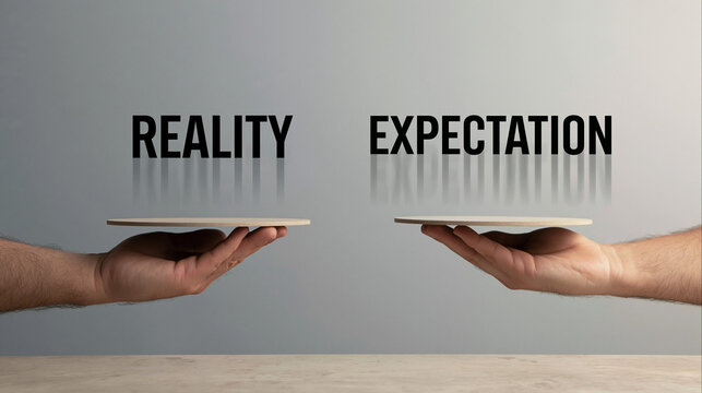 Reality vs Expectation: A conceptual image representing the contrast between reality and expectation, with two hands holding platforms, one displaying REALITY and the other EXPECTATION.