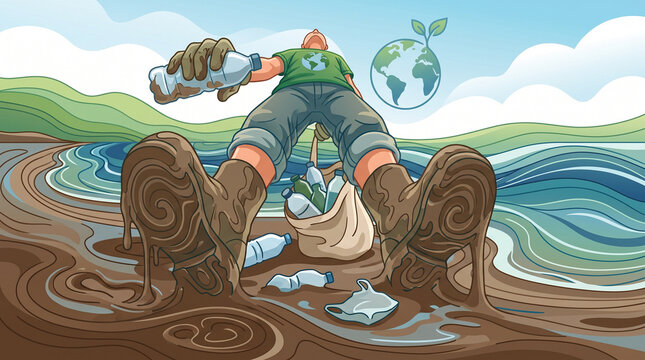 A person struggling in polluted mud while trying to clean up plastic waste near a body of water, with a symbolic image of Earth with a sprout in the background.