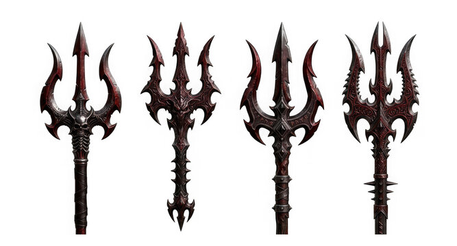Set of fantasy evil red metallic tridents isolated on transparent background