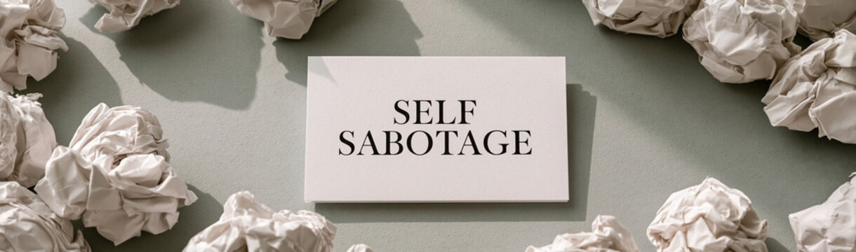 Self Sabotage: Crumpled paper balls surround a stark white card bearing the words SELF SABOTAGE, symbolizing frustration, creative block, and mental hurdles in a minimalist composition.