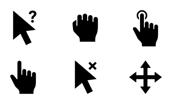 Minimalist mouse cursor icons set, black computer pointer symbols, 6 digital navigation hand and arrow vectors for UI design