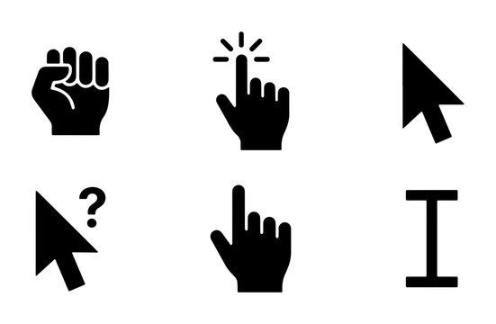 Minimalist computer cursor icons, black mouse pointer vector set, 6 digital navigation symbols for web design and UI interfaces