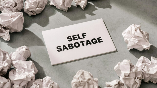 Self Sabotage: Crumpled paper balls surrounding a white card with the words SELF SABOTAGE highlight the theme of frustration, mental block, and creative struggle.