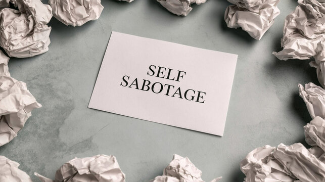 Self Sabotage surrounded by crumpled paper: A white card with the words SELF SABOTAGE printed on it, lies on a textured surface, encircled by crumpled pieces of paper.