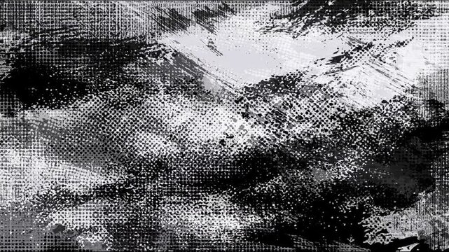 Monochrome Halftone Abstract Grunge Background With Random Black And White Brush Strokes For Vintage Newspaper Style Video Projects