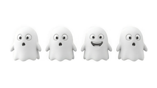 Set of cute cartoon ghosts isolated on transparent background