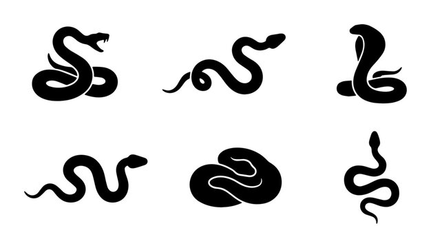 Black snake silhouette collection, 6 serpent vector icons. Minimalist reptile graphics, cobra and python symbols for logo design.