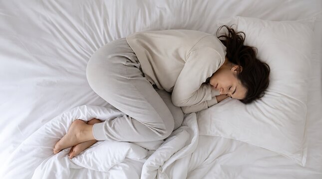 Top view of a woman lying curled up in fetal position on white bed sheets for peaceful sleep concept.