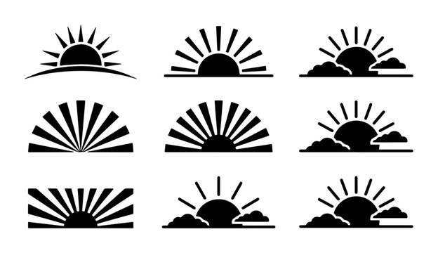 Minimalist sunburst icon set, black sunrise and sunset vector symbols, 9 sun ray graphic elements for logo design