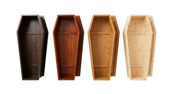 Set of four wooden coffins of different colors isolated on transparent background