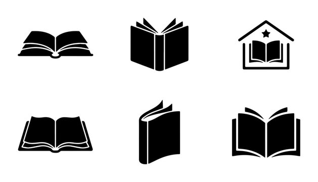 Minimalist book icon set, black silhouette open book symbols, 6 education vector elements for library and school logos