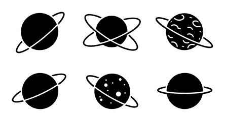 Minimalist planet icons set, black celestial bodies with rings, 6 space vector elements for science and astronomy UI design © Al