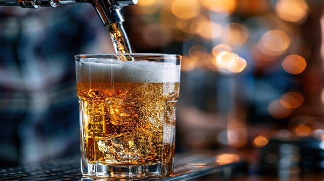 Cold amber beverage with foam head fills a clear glass from a metal tap.