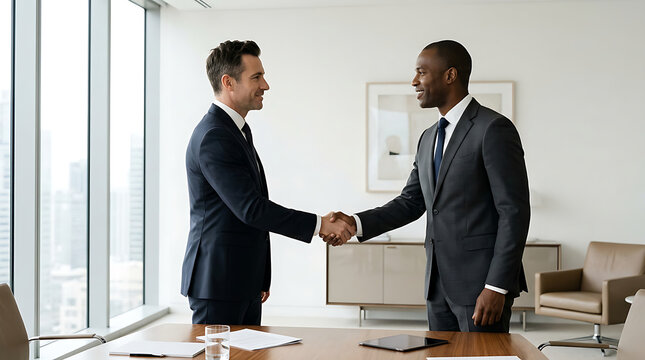 Businessmen shaking hands in a modern office setting 1.