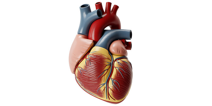 Detailed 3D anatomical model of a human heart with red arteries and blue veins isolated on white