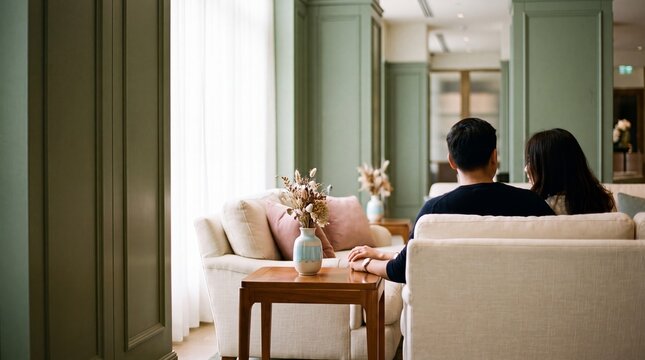 Couple holding hands and sitting in a tranquil waiting room setting