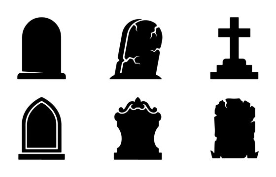Gravestone silhouette icons set, spooky cemetery headstone vector collection, 6 black tombstone symbols for Halloween design