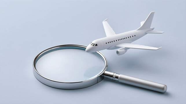 Top view flat lay of white toy airplane and magnifying glass isolated on grey background flight search ticket inspection travel concept