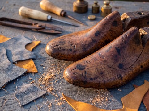 Antique shoemaker lasts and leather scraps resting on distressed workbench.