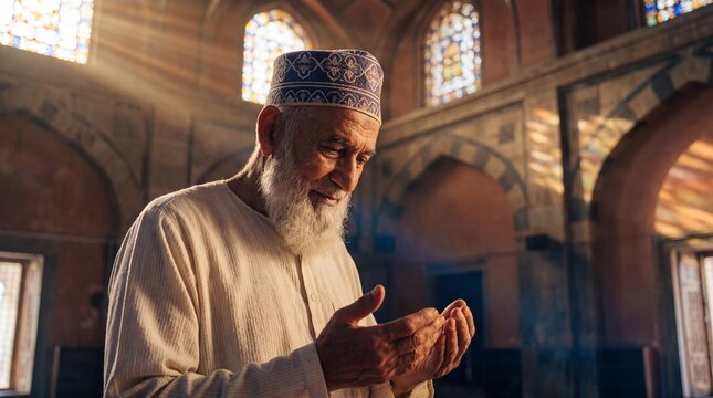Elderly Imam Offering Guidance in a Sunlit Mosque Setting