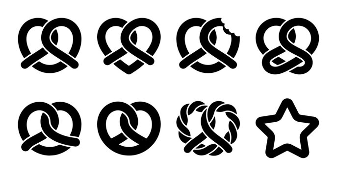 Minimalist pretzel icon set, black silhouette snack symbols, 8 vector bakery elements for menu design and food branding