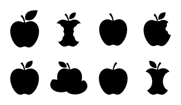 Minimalist apple silhouette icons, set of 8 black fruit vector symbols, whole and bitten apple core graphics for food branding