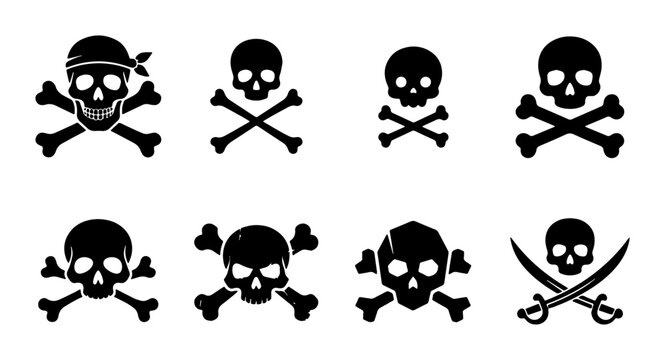 Pirate skull and crossbones vector set, black jolly roger icons, 8 skull silhouettes with crossed bones and swords