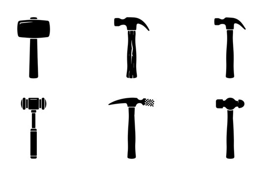 Industrial hammer silhouette icons, set of 6 black tool vectors, construction and carpentry hardware equipment for DIY projects