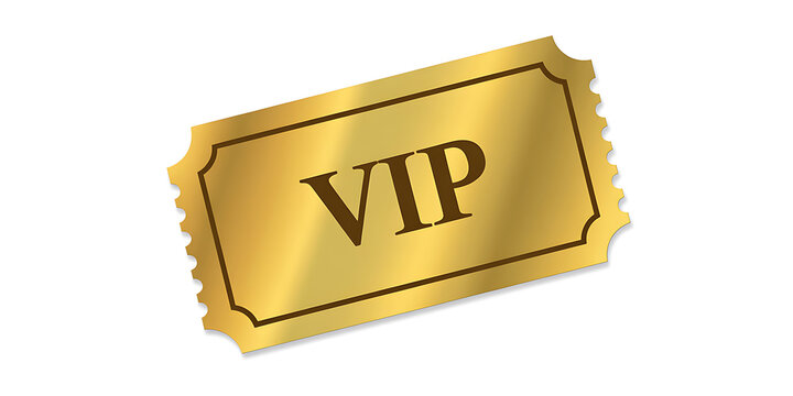 Gleaming gold VIP ticket with dark brown text and perforated edges on a white background 