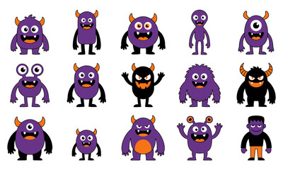 Fototapeta premium Cute purple monster collection, 15 cartoon alien characters in SVG format, friendly halloween creature set for kids games and stickers
