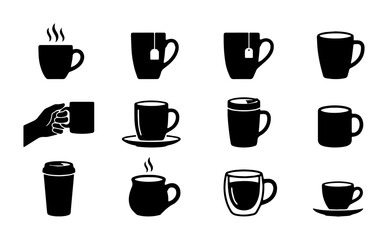 Obraz premium Minimalist coffee cup icons, black silhouette mug set of 12 vectors, hot beverage and tea cup symbols for cafe menus