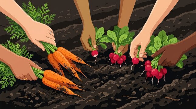 Hands harvesting fresh organic carrots and radishes from dark rich soil.
