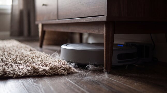 Robot vacuum cleaning dust and clutter under vintage furniture