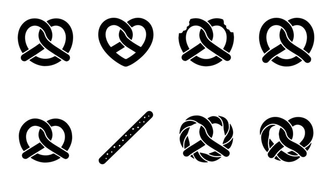 German pretzel icon set, 8 black vector bakery elements. Traditional twisted bread silhouettes, heart shaped snack symbols for menu design.