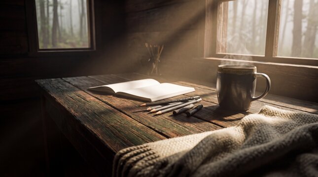 Rustic wooden desk workspace filled with tools and a steaming mug in cabin.