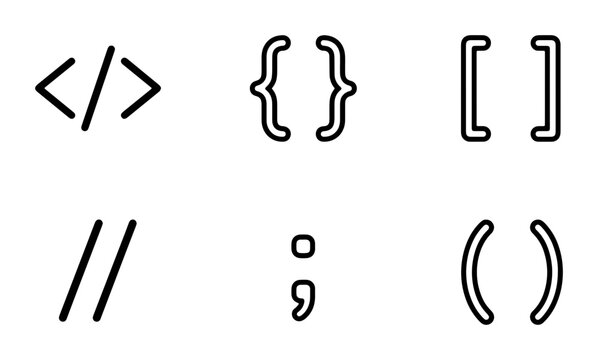 Programming code syntax icons set, minimalist software development symbols, black line web coding elements on white background