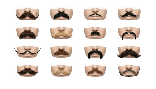 Collection of various mustache styles isolated on transparent background
