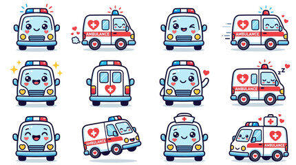 Cute Kawaii Ambulance Emoticon Set, Isolated on Transparent Background © Titip