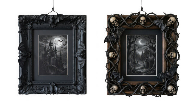 Two gothic picture frames with dark art isolated on transparent background