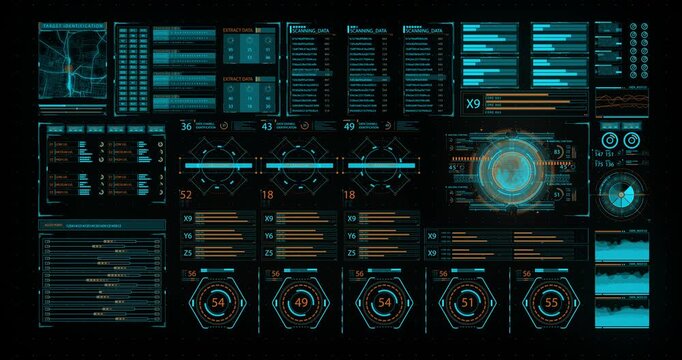 High-tech HUD dashboard presents animated charts, numerical indicators, scanning data and circular digital controls.