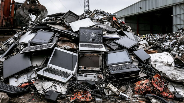 Discarded Electronics Graveyard: A vast heap of broken laptops, keyboards, and electronic components sits piled high, a stark reminder of technological obsolescence and waste.