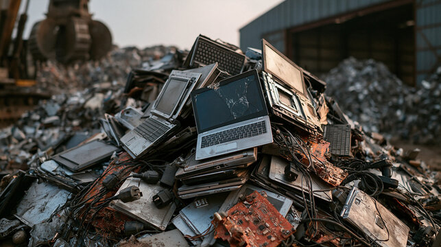 E-Waste Graveyard: A mountain of discarded electronics, including laptops and computer parts, lies in a junkyard, a stark reminder of technological obsolescence and environmental concerns.