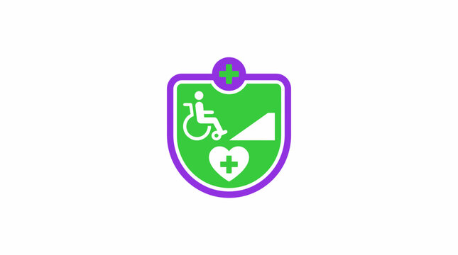 Disability care logo concept. Vector shield design with wheelchair symbol and heart medical cross. Green and purple isolation graphic
